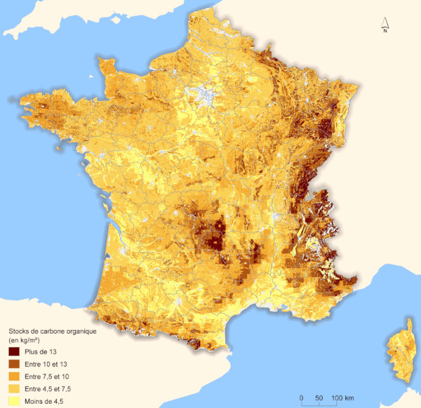 Carte de France de stock de carbone dans les sols